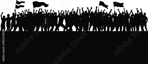 Protesting Crowd with Flags Silhouette Vector Illustration, Public Demonstration Rally People Revolution Concept Banner