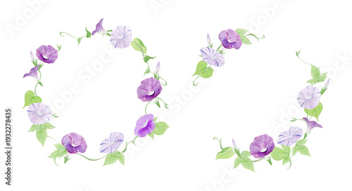 Obraz na plátně Watercolor Morning Glory Wreath and Arch Frame Set, Round and Semi-circle Summer
