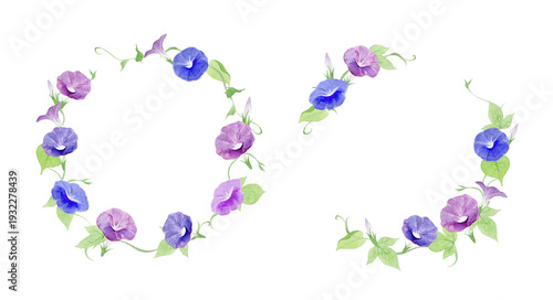 Obraz na plátně Watercolor Morning Glory Wreath and Arch Frame Set, Round and Semi-circle Summer