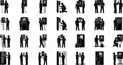 Vector illustration set featuring black silhouette icons of electricians and technicians working on electrical panels and circuit boards for industrial and maintenance services.