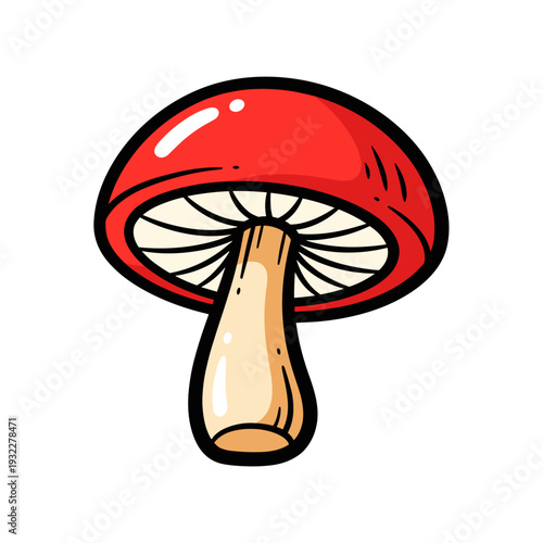 Mushroom with wide cap in bold graphic vector illustration, flat vibrant colors for whimsical forest design
