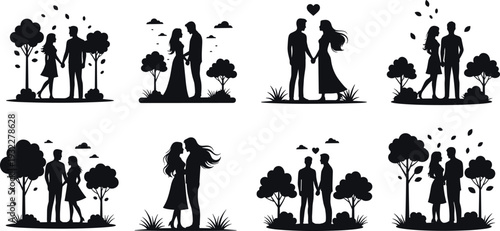 Vector illustration set featuring black silhouette icons of romantic couples holding hands and embracing in various nature settings like parks with trees and leaves.