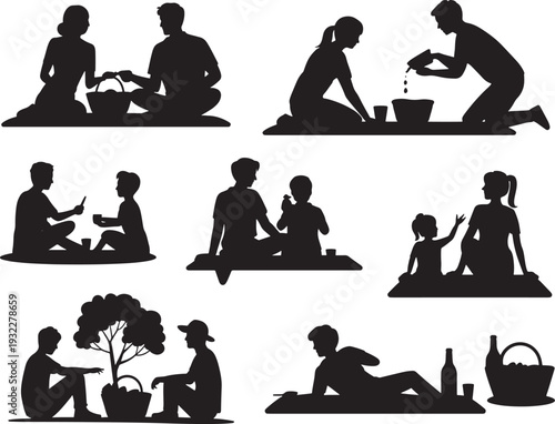 People silhouettes enjoying picnic and leisure activities together outdoors isolated on transparent background
