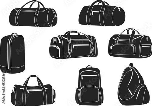 Travel Bag Collection Vector Illustration, Duffel Backpack and Luggage Silhouette Set Isolated on White