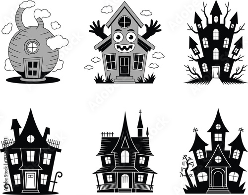 Spooky Haunted House Collection Vector Illustration, Cartoon Halloween Mansions and Creepy Horror Homes Silhouette Set