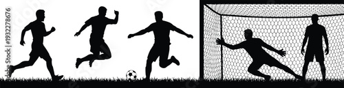 Vector illustration set featuring black silhouette icons of soccer players running, kicking a ball, and a goalkeeper diving to make a save in grass.