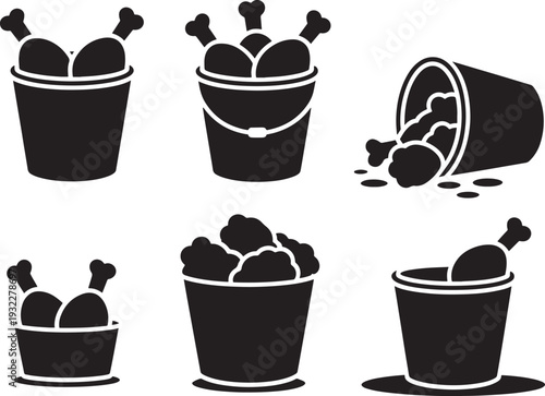 Set of black bucket icons filled with chicken legs and bones on isolated transparent background