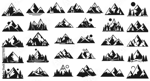Mountain illustration collection - various mountain range icons in black and white