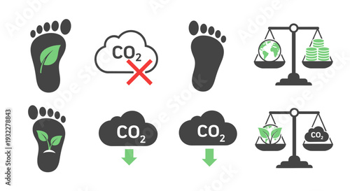 Visual representation of environmental footprint, climate change, and sustainability concepts. Featuring carbon emission and planet protection themes, symbolized by footprints and eco-friendly icons