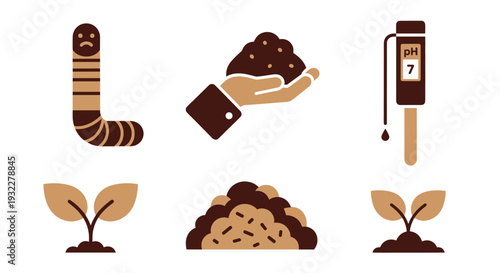 Soil fertility and gardening related vector illustration icons