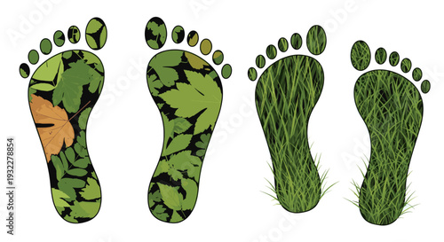 Environmental concept featuring footprint shaped leaves and grass, symbolizing eco-friendliness and sustainable living.