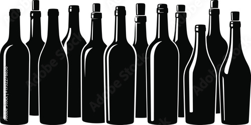 Wine Bottle Collection Vector Illustration, Alcohol Beverage Glass Silhouette Set Isolated on White Background