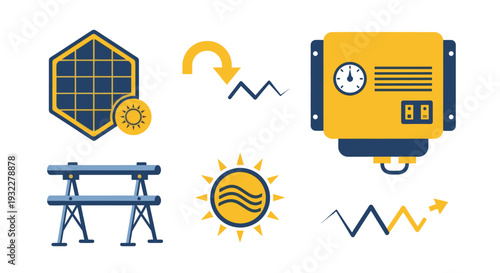 A set of illustrations showing the concept of solar energy, solar panel, and environmental sustainability concepts