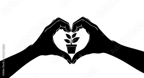 Hands forming a heart shape around a potted plant, symbolizing love and care for nature