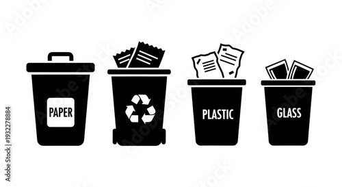 Illustration of trash cans, each labeled for different types of recyclable materials: paper, plastic, and glass. The illustration is simple, clear, and informative