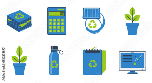 Eco-friendly office items related to recycling and sustainability. The collection showcases various elements promoting environmental consciousness.