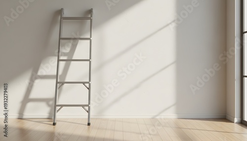A durable metal ladder is leaning on a clean white wall with bright window shadows, symbolizing a progress and upward mobility concept in an empty room setting.