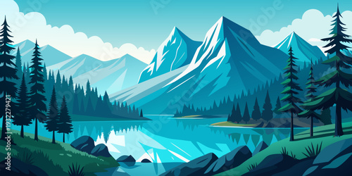 Vector illustration of mountain landscape, morning woodland panorama, tall pine trees, and lake
