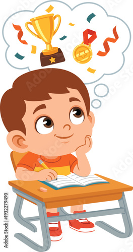 Daydreaming Boy Looking Up Flat Cartoon Character