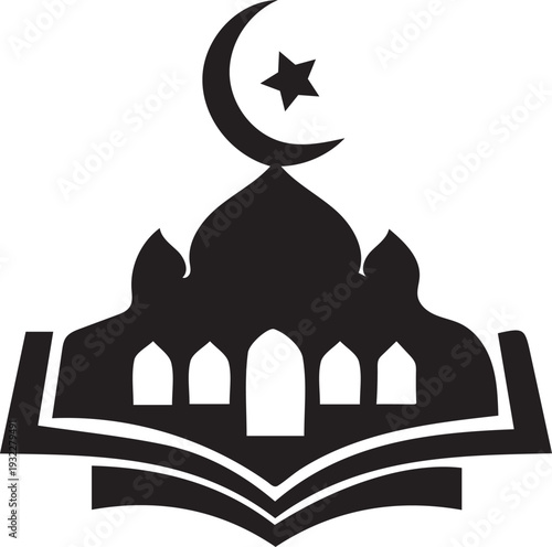 A distinct black icon showing a mosque, crescent moon, star, and an open book.