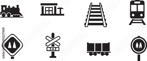 A comprehensive set of train, railway station, tracks, and warning sign icons.