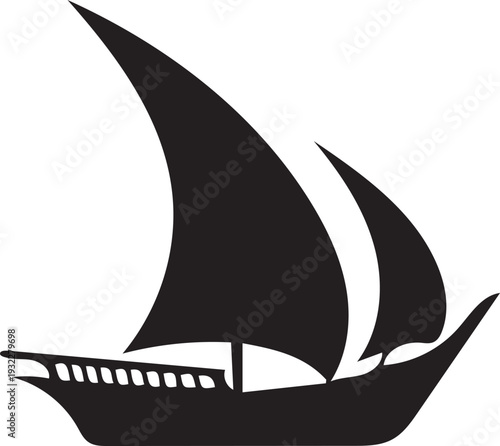 A graceful traditional sailboat with two full sails depicted in a side profile silhouette.