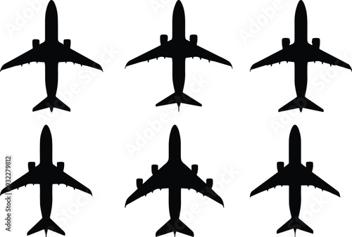 Top view silhouette of six identical commercial passenger airplanes arranged in two rows against a white background.