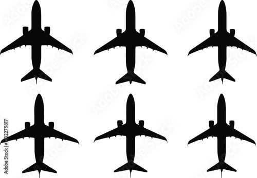 Top view silhouette of six identical commercial passenger airplanes arranged in two rows against a white background.