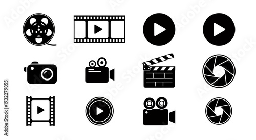 Collection of black and white video and film icons.