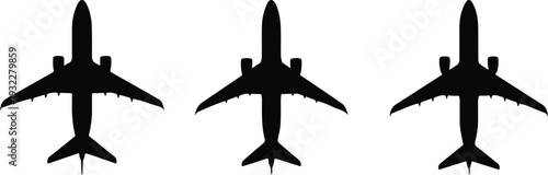 Top view silhouette of three identical commercial passenger airplanes arranged in a single row against a white background.