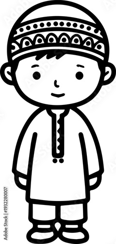 Smiling boy wearing traditional Muslim clothing and kufi cap