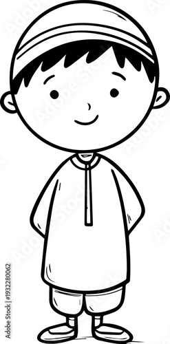 Smiling boy wearing traditional Muslim clothing and kufi cap