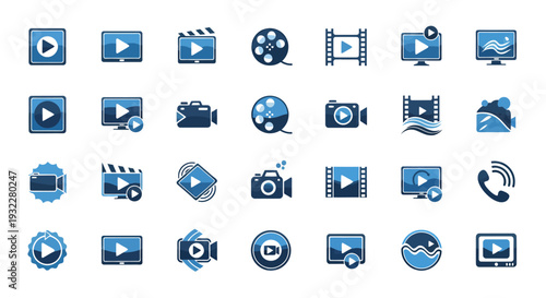 Collection of blue circular icons for media, interface and graphic design.
