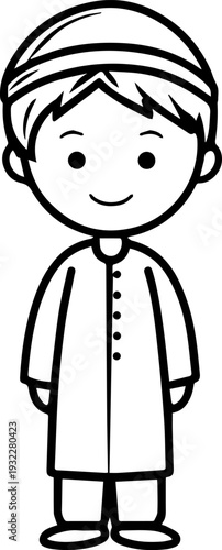 Smiling boy wearing traditional Muslim clothing and kufi cap