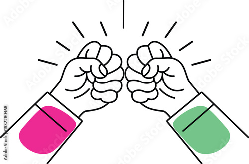 Two clenched fists with pink and green accents meeting in the center fist bump hands agreement