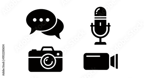 Set of black multimedia icons depicting speech, microphone, camera, and video gear.