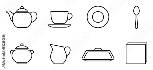 Set of kitchenware and tableware line icons collection for morning tea and coffee serving equipment