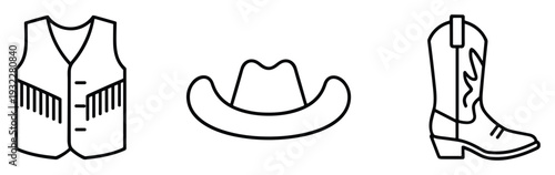 Set of cowboy attire like vest, hat and boot used in western films, rodeo, or historical dramas