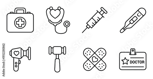Set of medical tools and supplies for clinics, doctors offices, and healthcare illustrations