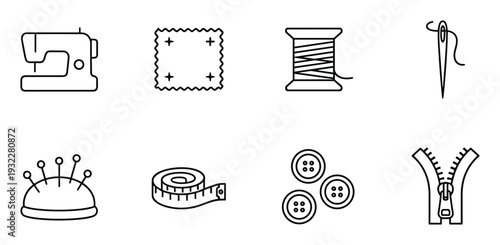 Sewing and tailoring workshop icons collection with sewing machine thread zipper and measuring tape