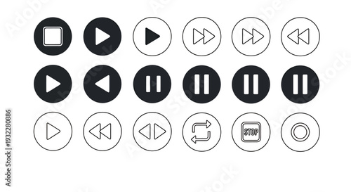 Collection of assorted media playback controls icons set for graphic design projects.