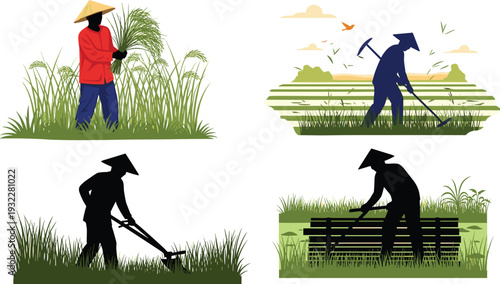 Vector illustration set of Asian rice farmers in conical hats working in paddy fields using traditional tools isolated on a white background