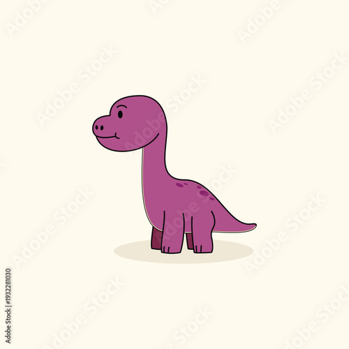 Cute purple brontosaurus dinosaur character in a flat cartoon style, isolated on plain background for nursery, kids' apparel, and educational design