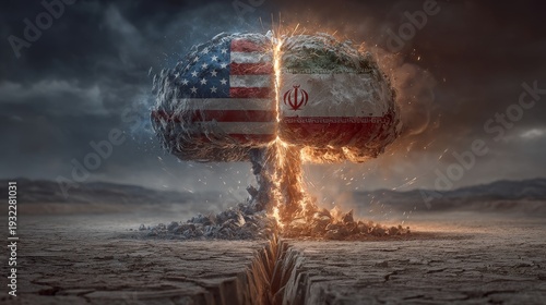 Tension unleashed usa and iran flags torn apart by nuclear symbol global impact dramatic scene