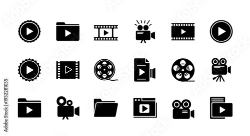 Collection of black circular video icons and film symbols arranged in a grid.