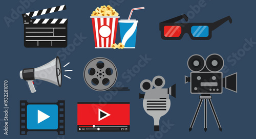 Collection of film and video production icons including popcorn, drinks, camera gear, clapperboard and sunglasses on blue background.