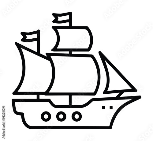 Vintage sailing ship illustration with multiple masts and sails for maritime travel and ocean voyage