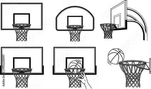 Vector illustration set of basketball hoops and backboards including professional rim with net, ball in flight, scoring action, and various athletic sports equipment icons.