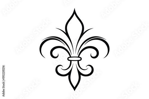 Black and white symmetrical fleur de lis emblem with intricate swirls and clean lines