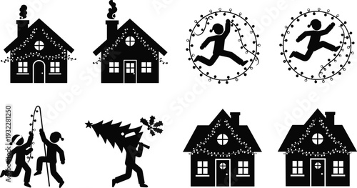 Vector illustration set of black silhouette icons featuring cozy winter houses decorated with Christmas lights and people carrying trees for holiday season celebrations.